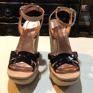 BCBG platform patent wedge sandals